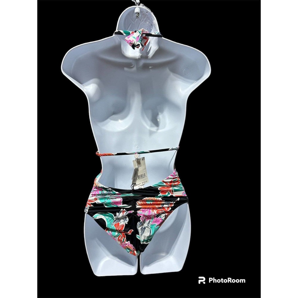 Trina Turk Tropical Wave Black Print Plunge One Piece Halter Swimsuit sz 2 - Picture 2 of 3